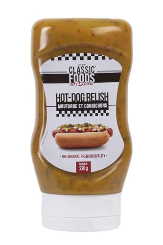 Classic Foods of America Hot Dog Relish 330 g – condimento dolce e acido con sottaceti e peperoni croccanti, perfetto per cani caldi, hamburger, bagel e grigliate