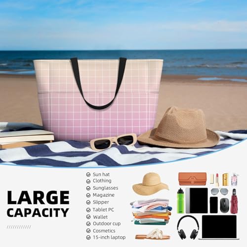 Large Beach Bags for Women Sandproof - Pink Ombre Grid Print Summer Travel Work Tote Bags with Zipper4