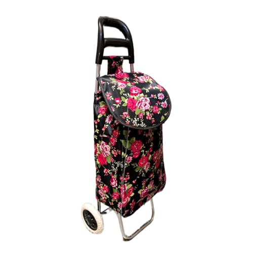 Faltbarer leichter Einkaufstrolley mit Blumenmuster - 2-Rad wasserdichte Einkaufstasche mit Reißverschlusstasche hinten & Seitentaschen - 50 x 35 x 20 cm (Schwarz)