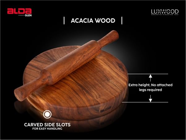 Image of Alda Acacia Wood Chakla Belan Set 10 Inch | Wooden Roti Rolling Board & Belan | Rolling Pin Set for Chapati, Paratha, Puri, Pizza & Baking Dough | Durable Kitchen Essential