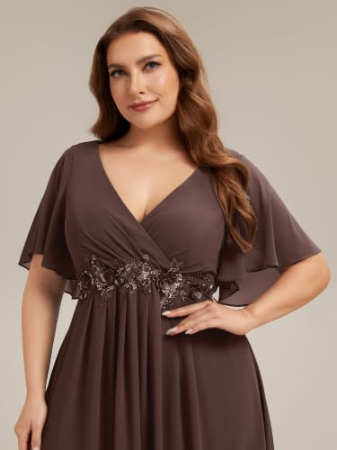 Image of Ever-Pretty Plus Women's Chiffon Plus Size Formal Mother of Bride Dresses | V-Neck, Short Sleeve, Applique, A-Line, Empire Waist, Plus Size Formal Wedding Guest Evening Dresses