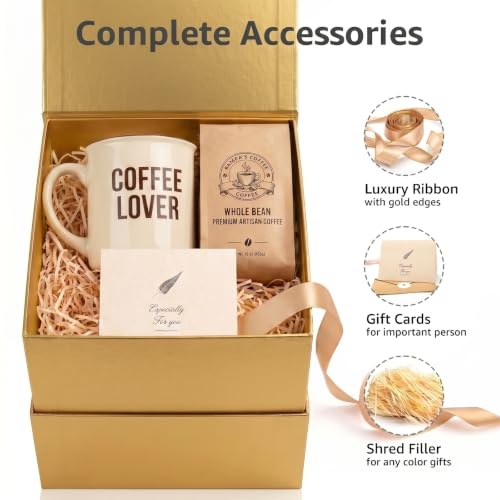 Image of LIFELUM Gold Gift Box 7 x 7 x 7 inch, 1 Pack Luxury Magnetic Closure Gift Box with Ribbon, Card, Shredded Paper Filler for Wedding, Business, Graduation, Bridal Gifts
