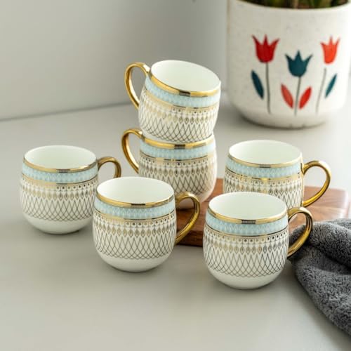 Image of Clay Craft Fine Ceramic Tea & Coffee Cups Set of 6| 200 Ml Designer Cups with Gold Handle & Elegant Pattern | Ideal for Home| Guests & Gifting