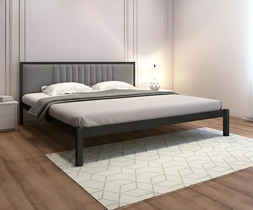 Image of Homdec Venus Wall-Supported Upholstered Headboard Metal Bed (Black, King (U.K. Standard))