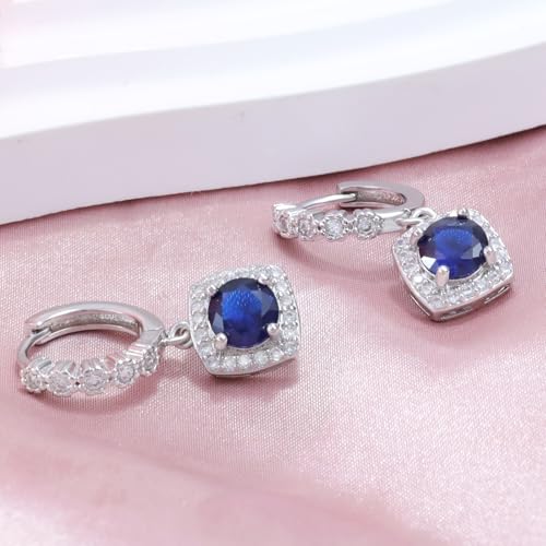 Dangle Hoop Earrings Sterling Silver Huggie Earrings with Princess Cut Blue Square Halo CZ Charm Dangling Drop Cartilage Cuff Earring Hypoallergenic Jewelry For Women Wife Party Birthday Wedding Gifts3