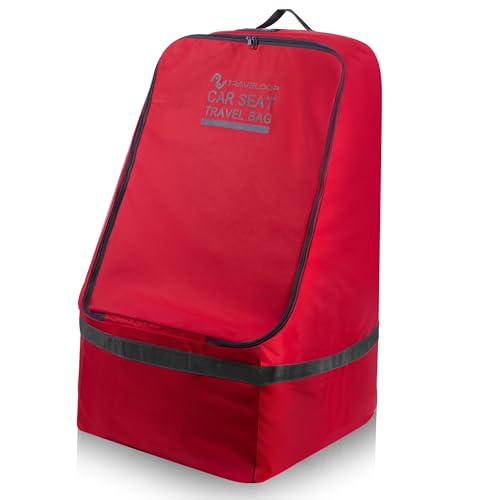 Image of TRAVELOOP Red Car Seat Travel Bag with Zipper for Airplane – Secure, Water-Resistant 900D Fabric with Padded Shoulder Straps, Luggage Tag, Non-Slip Base & 20x20x35 Inch Size (Red)