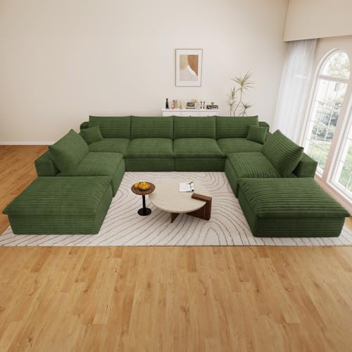 Image of 136 inch Cloud Couch Modular Sectional Sofa for Living Room, U-Shape Boneless Couch with Deep Seat, Modern Corduroy 6-Seater with Ottomans, No Assembly Required, Green