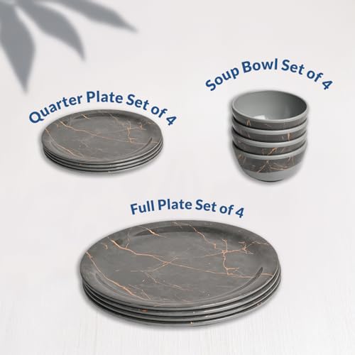 Image of MARKET 99 Heavy-Duty Grey Static Melamine Dinner Set - 12 Pcs | Includes 4 Full Plates, 4 Quarter Plates & 4 Soup Bowls | Durable Dinnerware for Daily Use, Family Meals, Parties & Kitchen Decor
