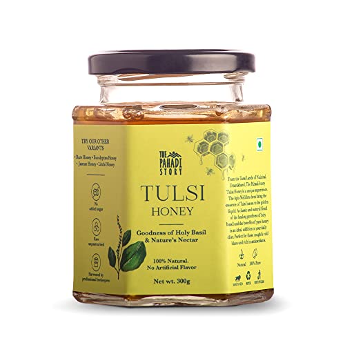 The Pahadi Story Tulsi Raw Honey Fresh 300gm, Unfiltered Honey with the Goodness of Holy Basil, 100% Natural Pure Honey - Lab Tested and Certified Natural Honey In Glass Bottle