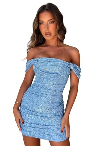 KDTM Sequin Homecoming Dresses for Teens 2024 Sparkly Off The Shoulder Short Bodycon Cocktail Party Gowns with Pleat