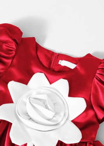 Image of Buy & Try Girls Satin Rose Flowered Frock Dress, Puff Sleeves, Knee Length Elegant Occasion Outfit