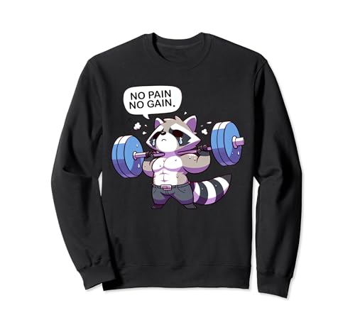 No Pain No Gain Funny Raccoon, allenamento in palestra e allenamento fitness Felpa