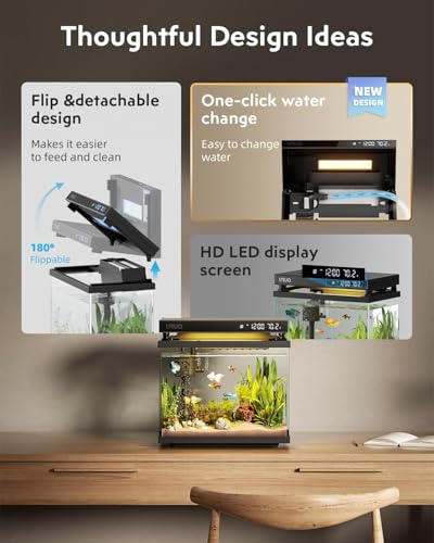Image of Fish Tank Smart Aquarium Kit: 2 Gallon UHD Glass Silent Water Pump Self Cleaning Multi-Layer Filtration System - Temperature Sensing 7-Color Lighting for Small Fish Betta Room Desktop Decor - Black