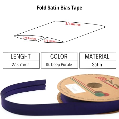 Image of Fold Satin Bias Tape - 99+ Colors - 3 /4 Inches Wide - 27 Yards - Fold Satin Binding Bias Ribbon Fabric Piping Bias Binding Tape for Sewing Clothing DIY (19. Deep Purple) BYS19