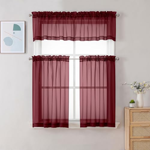 Image of Chyhomenyc Sheer Valances for Windows 2 Pack, 42W x 14L inches Small Window Curtains for Living Room Bathroom Cafe Laundry Basement, Modern Top Dual Rod Pocket Voile Curtain, Burgundy