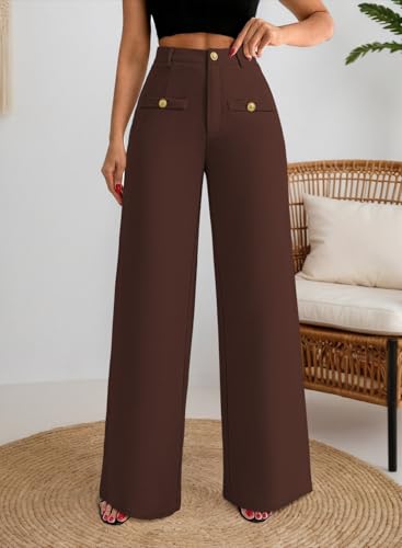 Pink Queen Wide Leg Dress Pants for Womens High Waist Pants for Work Button Decor Textured Long Trousers Slacks4