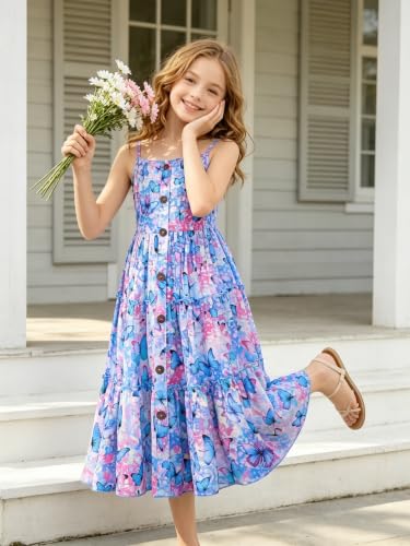 Image of Enlifety Girls Dress Hawaiian Spaghetti Straps Dresses Summer Sundress Size 6 12T