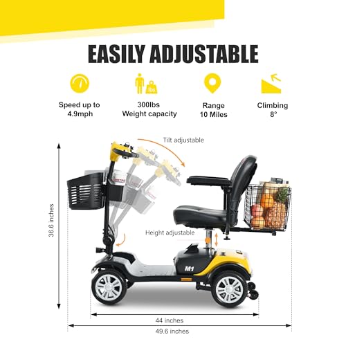 Image of Metro Electric Mobility Scooters for Adults and Seniors - 300 lbs Max Weight, 4-Wheel Powered Mobility Scooters,Folding Mobility Scooter Lightweight for Travel, Elderly (M1 Yellow)