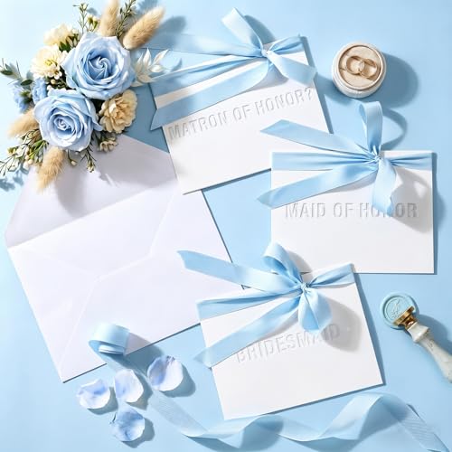 Carte demande demoiselle d'honneur en relief | Lot chic de 12 avec ruban bleu