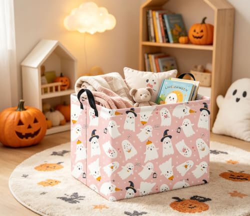 Image of Rectangular Halloween Basket for Boys and Girls Kids Trick or Treat Pumpkin Basket for Halloween Parties Cute Storage Bin Organizer Box Room Decor(Pink Ghost)