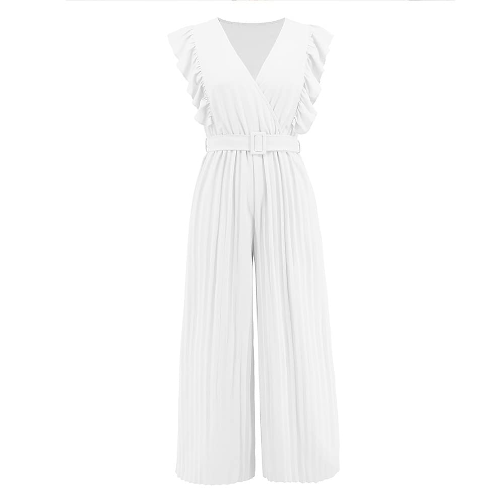 Mono De Verano para Mujer, Mono De Gasa Negra con Escote En V, Sin Mangas, con Volantes Y Cinturón, Mono Palazzo De Pierna Ancha, Informal, Elegante, para Bodas, Vacaciones, Uso Diario, P