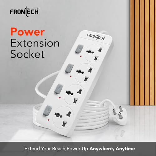 Image of Frontech 4-Way Power Extension Socket | 2000W Heavy-Duty Power Strip | Individual Switches with LED Indicators | Universal Sockets | 3M Copper Cable | Fire-Resistant Body | 1 Year Warranty (FT-3565)