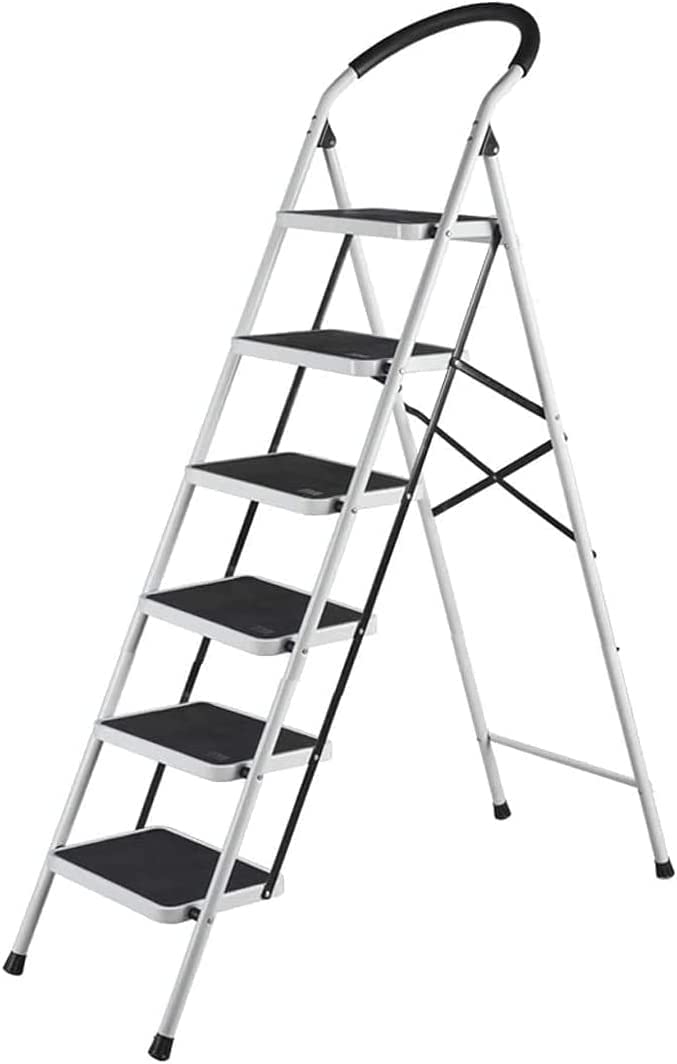 I BEST Folding Steps Ladder Domestic Light Stepladder Household Combination Multi Function Ladders Indoor Outdoor (White Steel Ladder, 6 Steps)