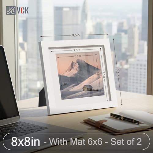 Image of VCK 8x8 Picture Frame 2 Pack, White Wood, 6x6 Mat, Glass, for Photo Print