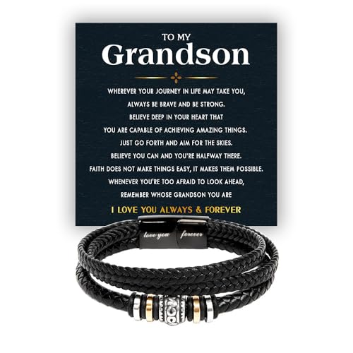 To My Grandson Bracelet from Grandma & Grandpa Leather Bracelet For Grandson From Grandparents Graduation Gift For Grandson Grandson Birthday With Message Card & Gift Box (Style 4 - Standard Box)