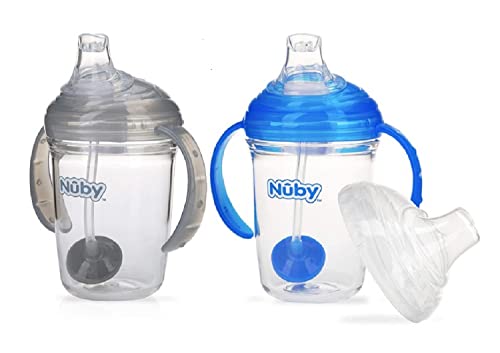 Image of Nuby No Spill 360 Weighted Straw Grip N' Sip Tritan Cup with Hygienic Cover, 8 Oz, Trainer Cup (Blue/Grey)