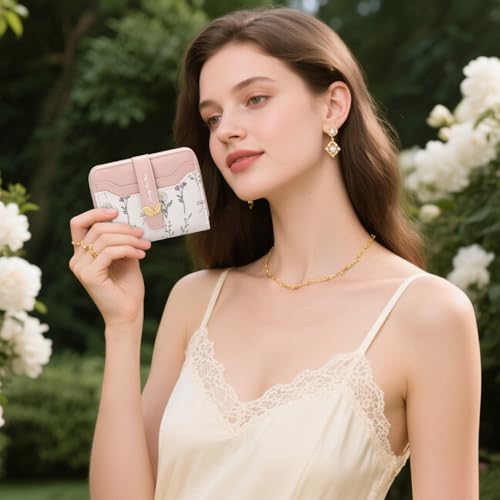 Image of BIAOTIE Wallet for Women Cute Floral Flower Wallet RFID Credit Card Holder Purse Small Bifold Zipper Coin Pocket Purse with ID Windows (Pink Fl)
