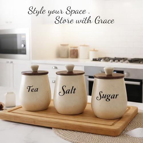Image of Ceramic Tea Sugar Salt Containers Set of 3 with Wooden Lids | Jar & Container for Kitchen Storage Set | Multi Utility Air Tight Kitchen Organizer Items (Hand-Painted, 410 ML)