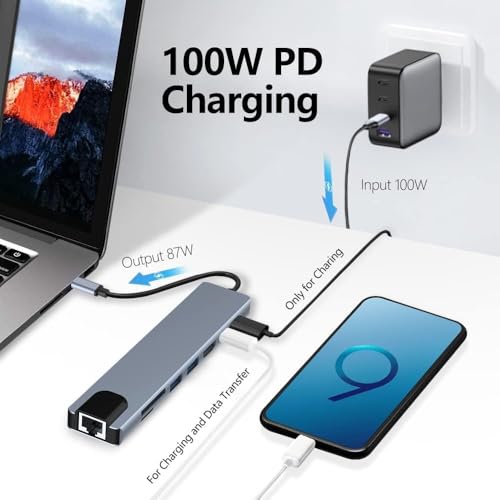 Image of USB-C Hub /Docking Station(8-in-1) with 4K 30Hz HDMI, 100 Mbps Ethernet, USB 3.0, microSD /SD Card Reader, Type-C Data, PD Charging, USB 2.0, Type-C Plug for Laptop, Mac, PC (8-in-1)