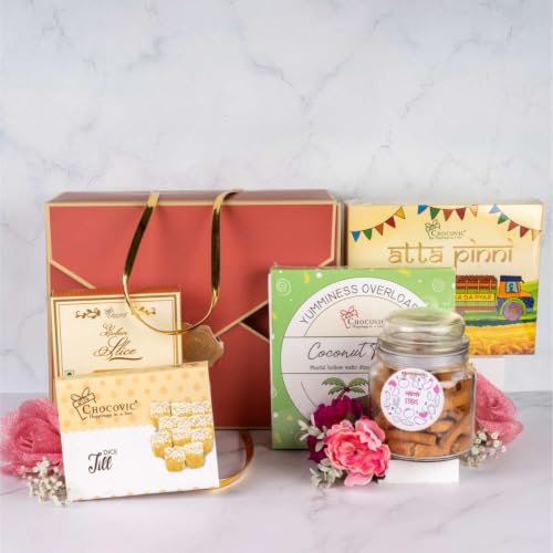 Image of Chocovic Festive Gift Hamper Stamping Box Large | Pack of 7 Snacks & Sweets | Wheat Flaky Mix, Moong Dal, Nutty rock, soft belgium cookies, Peanut Sticks, Kodo Puff, Oat Crave | Festive Gift for Family