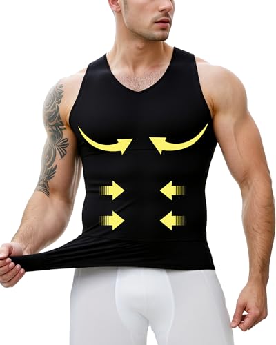 ZINMETER V Neck Chest Compression Shirt Mens Tank Top Gynecomastia Undershirt for Body Shaper Males Shapewear for Tummy Control Slimming Vest for Hide Belly Fat Man Boobs