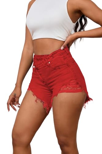 Image of PINSV Women's High Waisted Crossover Jean Shorts Ripped Hem Raw Denim Shorts