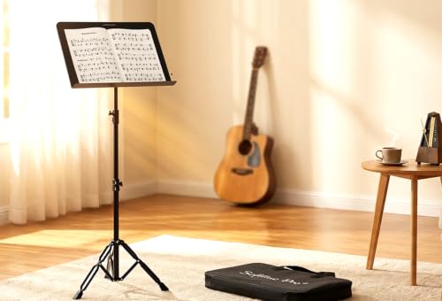 Image of Softline Pro SP MUS 30 Premium Heavy Duty Music Sheet Stand with Carry Bag Adjustable Height up to 155 cm, 2-Tier Extra Large Double-Braced Tripod with Extended Legs for Professional Musicians & Stage