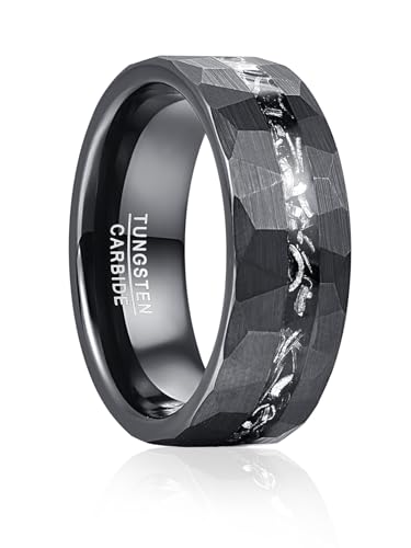 Vakki 8mm Schwarz Wolfram Ring für Herren Damen Gehämmert strukturiert Meteorit für Ehering Hochzeitstag Geburtstag Größe 60(19.1)