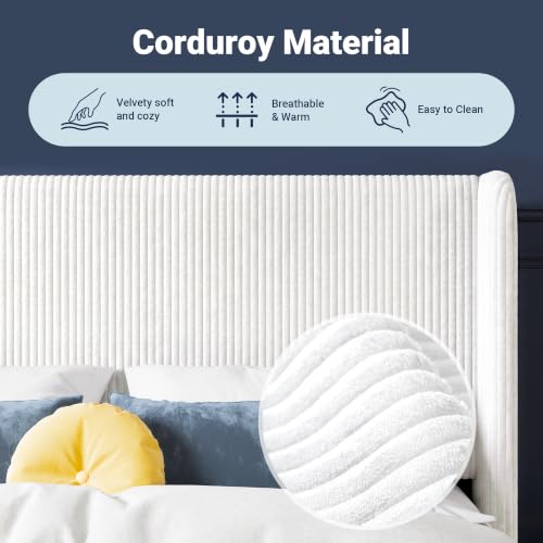 Image of Allewie Full Size Platform Bed with Corduroy Wingback Headboard, White | 800 lb Capacity, Corduroy Wingback Headboard, Vertical Channel Design, Wood Slat Support, No Box Spring Needed, Easy Assembly