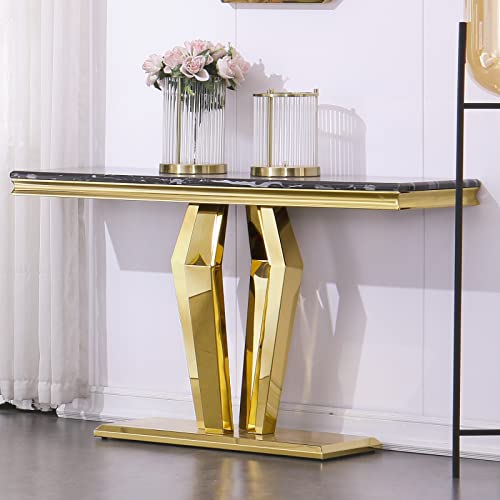 ACEDÉCOR Gold Console Table, Modern Living Room Entryway Table with Mirrored Gold Geometric Base, Rectangular Sofa Table in Black Gold ACEDÉCOR Gold Console Table, Modern Living Room Entryway Table with Mirrored Gold Geometric Base, Rectangular Sofa Table in Black Gold