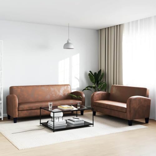 YuuSsea Sofa-Set 2-TLG. Kunstleder in Wildleder-Optik Braun, Massivholzrahmen, 2-Sitzer 139x70x76cm & 3-Sitzer 183x70x76cm, für Wohnzimmer, Bequeme Polsterung