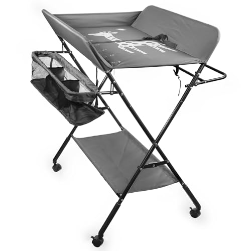 Mesa para Cambiar Pañales Plegable con Ruedas, Estación para Cambiar Pañales Ajustable Cambiador de Pañales Plegable Portátil Bebé con Rejilla Inferior Cesta Lateral Barra para Ropa (Gris)