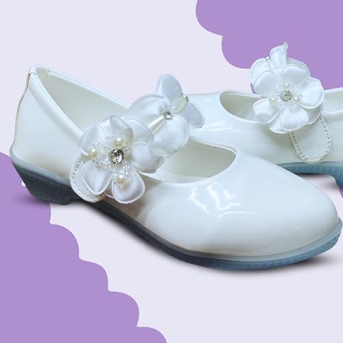 Image of Girls' Patent Mary Jane Shoes with Floral Embellishment, Attractive Colour's, Pearl Flower Welcro Bellies |DMND-3|
