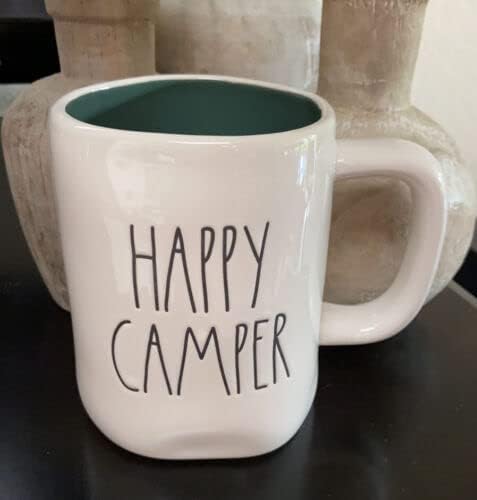 Rae Dunn HAPPY CAMPER Glossy White Coffee Tea Double Sided Mug with Green Inside and Camper Icon on Back