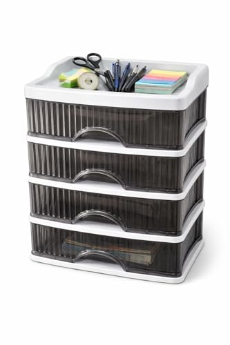 Cajonera de Plástico con 4 Cajones Transparente ahumado-Organizador de Escritorio y Hogar, Ahorra Espacio para Oficina, Baño y Dormitorio
