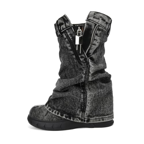 Denim Boots with Zipper Metal Lock for Women,Fashion Vintage Women's Round Toe Blue Jeans Mid Calf Chunky Platform Booties Chunky Long Boots Padlock Boots with Side Zipper Western Cowboy fold Denim Trouser Thigh High Boots