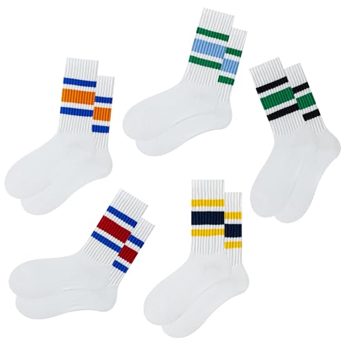 DarkCom Striped Crew Socks 5 Pairs Seamless Toe for Men and Women Color of White Casual Comfort