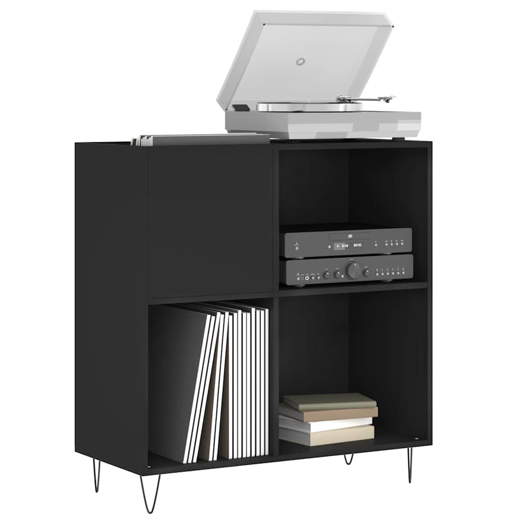 Armadietto nero in legno con gambe in ferro, 84,5 x 38 x 89 cm, spazio per dischi in vinile e vinile, piastra superiore stabile per giradischi