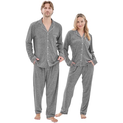 Matching Pajamas for Couples, Button Down Loungewear Soft Warm Long Sleeve Sleepwear His and Hers Pajamas Sets