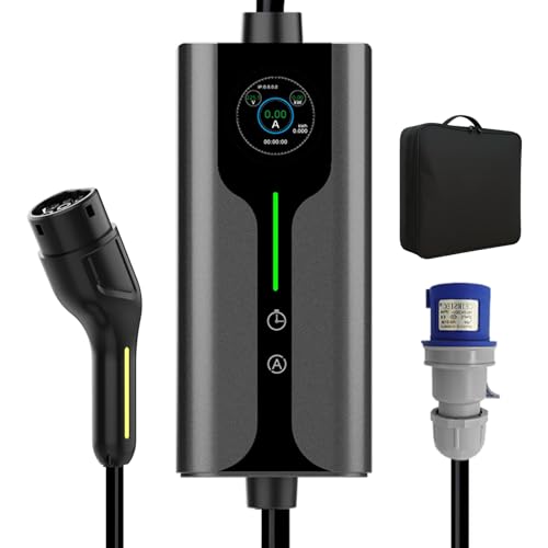 Auveach Estación de Carga para Coche Eléctrico Tipo 2 Schuko 7.36kW | 6-32A | Cable 5m Cargador Monofásico para Coche Eléctrico con Pantalla LCD Compatible con Model Y EV/PHEV IP65, IEC 62196-2